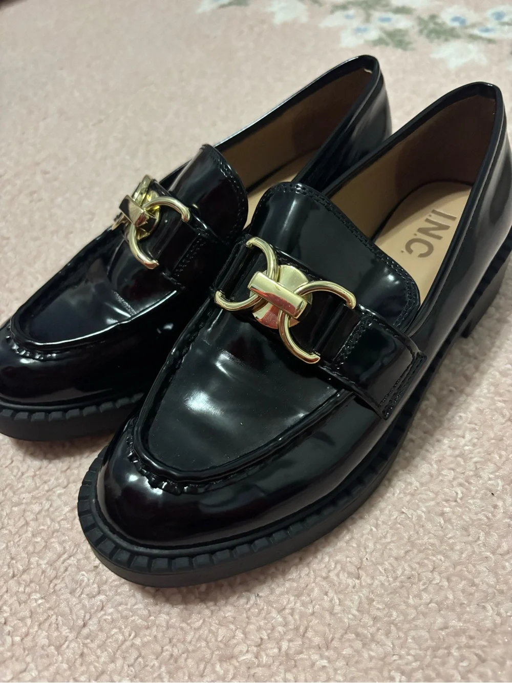 I.N.C Black Patent Leather Loafer with Gold Chain Accent - Women